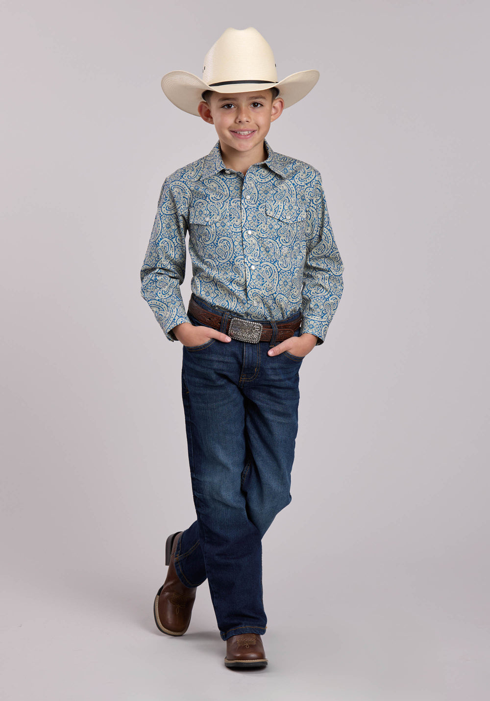 BOYS ROPER BLUE LINE PAISLEY LONG SLEEVE SNAP SHIRT