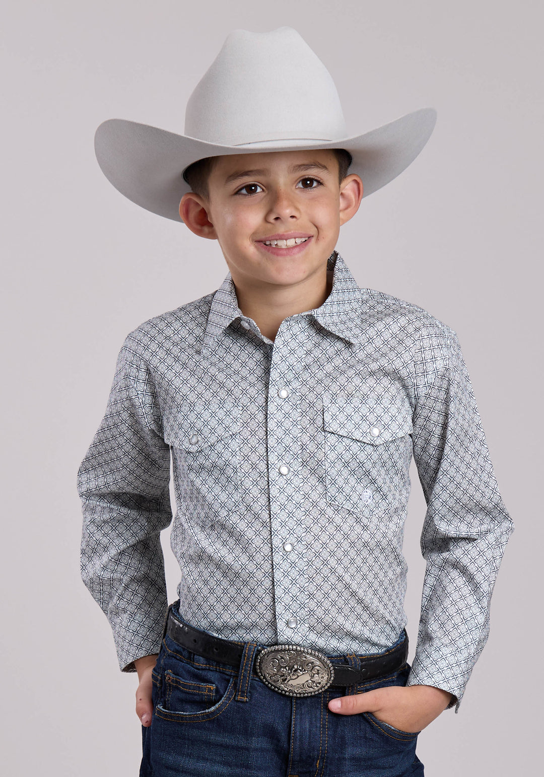 BOYS ROPER STRETCH FOUR POINT FOULARD - GREY LONG SLEEVE SNAP SHIRT
