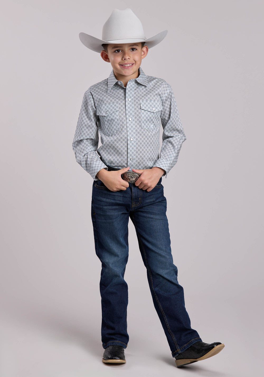BOYS ROPER STRETCH FOUR POINT FOULARD - GREY LONG SLEEVE SNAP SHIRT