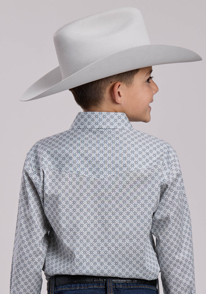 BOYS ROPER STRETCH FOUR POINT FOULARD - GREY LONG SLEEVE SNAP SHIRT