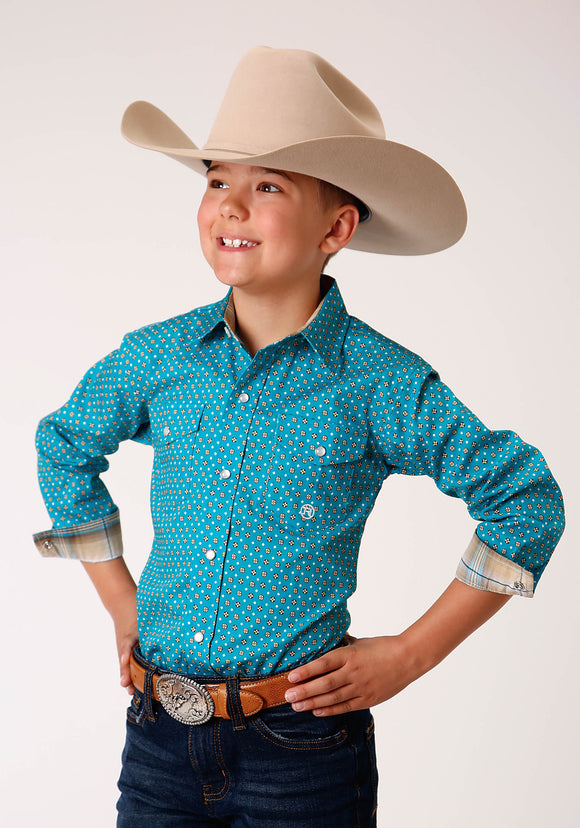 BOYS LONG SLEEVE SNAP TURQUOISE FOULARD WESTERN SHIRT