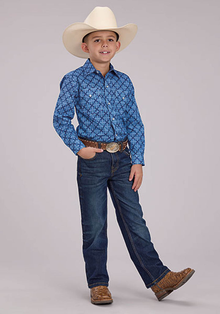 BOYS BLUE RIBBON MEDALLION LONG SLEEVE SNAP WESTERN SHIRT