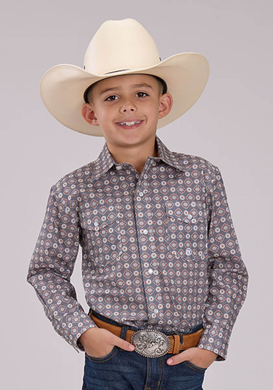 BOYS LONG SLEEVE SNAP MEDALLION FOULARD WESTERN SHIRT