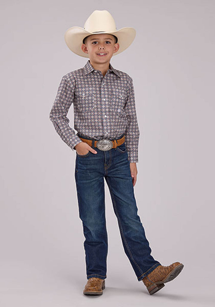 BOYS LONG SLEEVE SNAP MEDALLION FOULARD WESTERN SHIRT