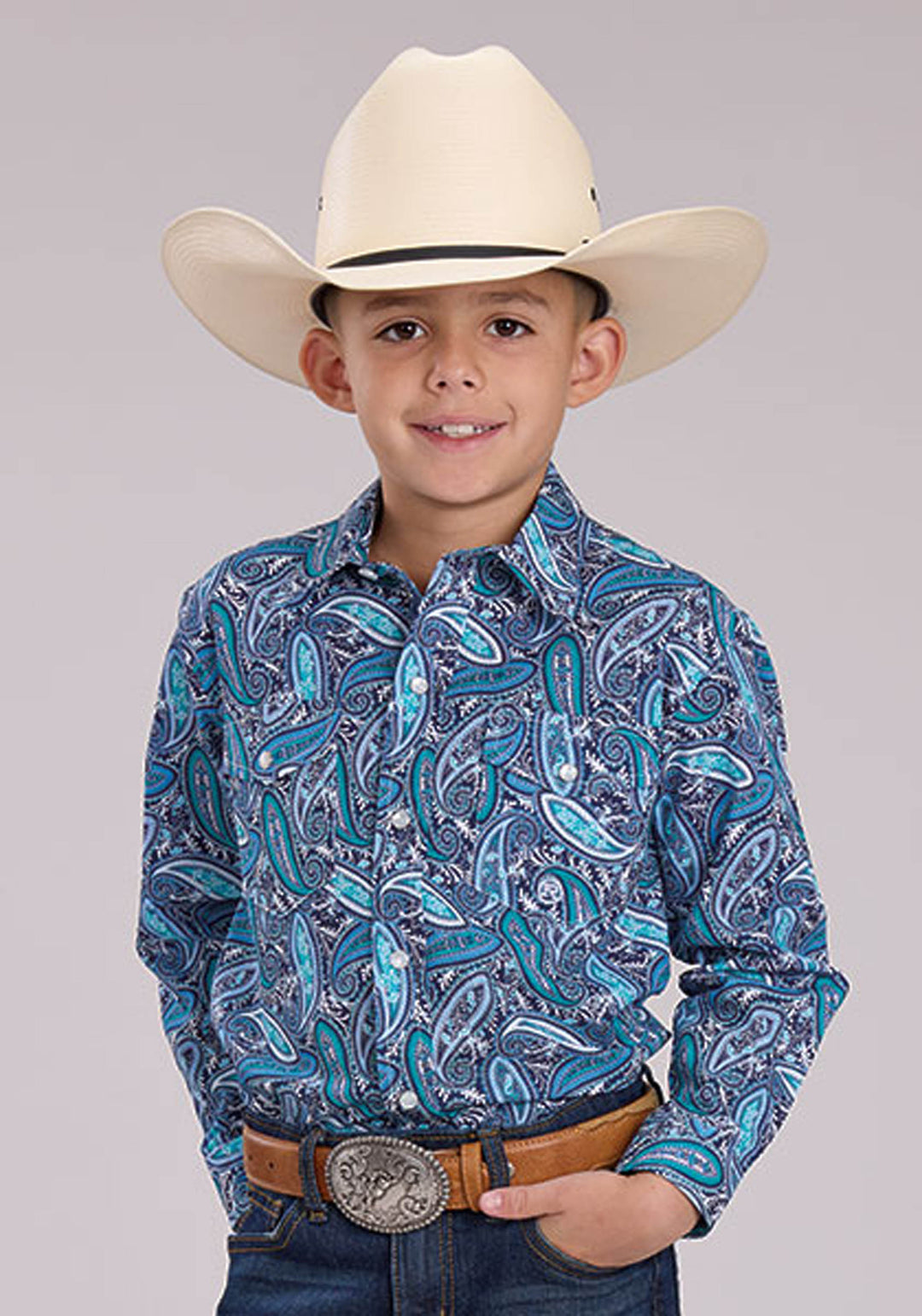 BOYS BLUE SKY PAISLEY LONG SLEEVE SNAP WESTERN SHIRT