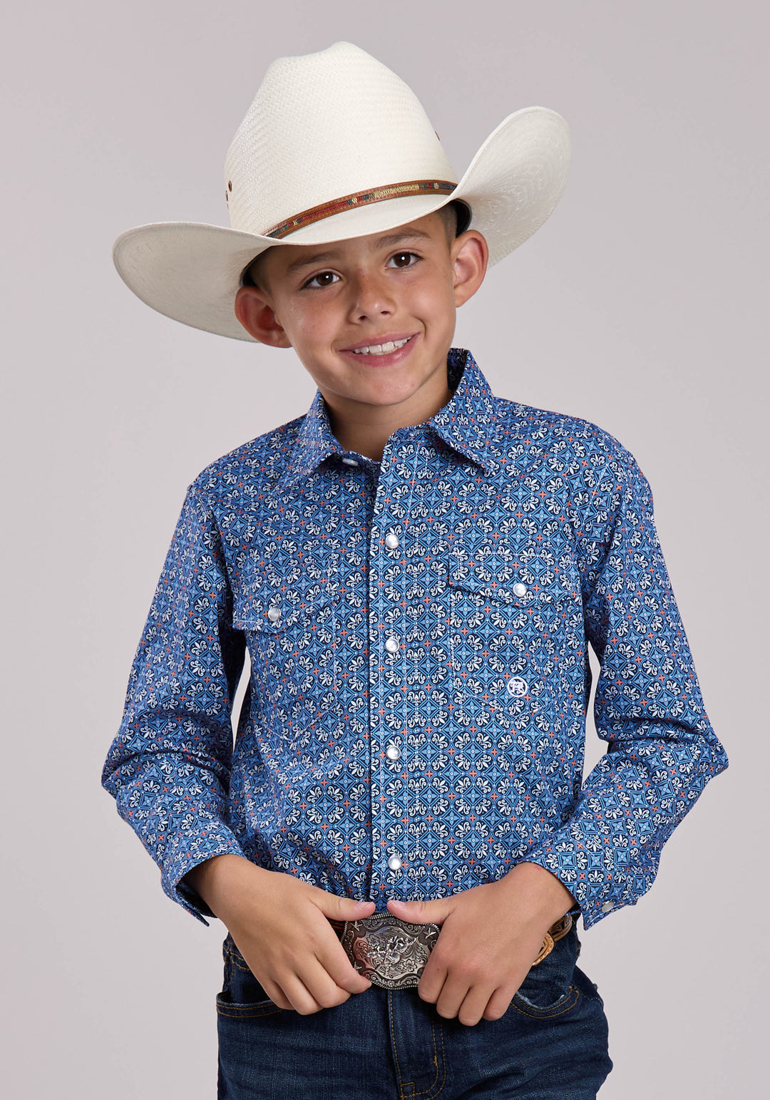 BOYS ROPER SKY TILE FOULARD LONG SLEEVE SNAP SHIRT