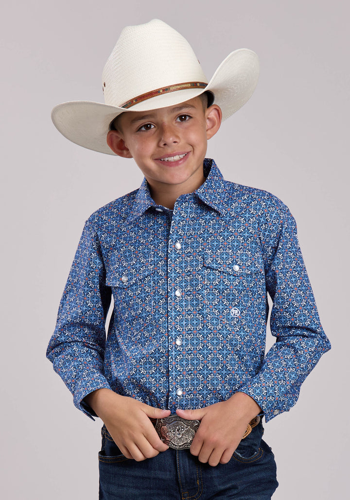 BOYS ROPER SKY TILE FOULARD LONG SLEEVE SNAP SHIRT