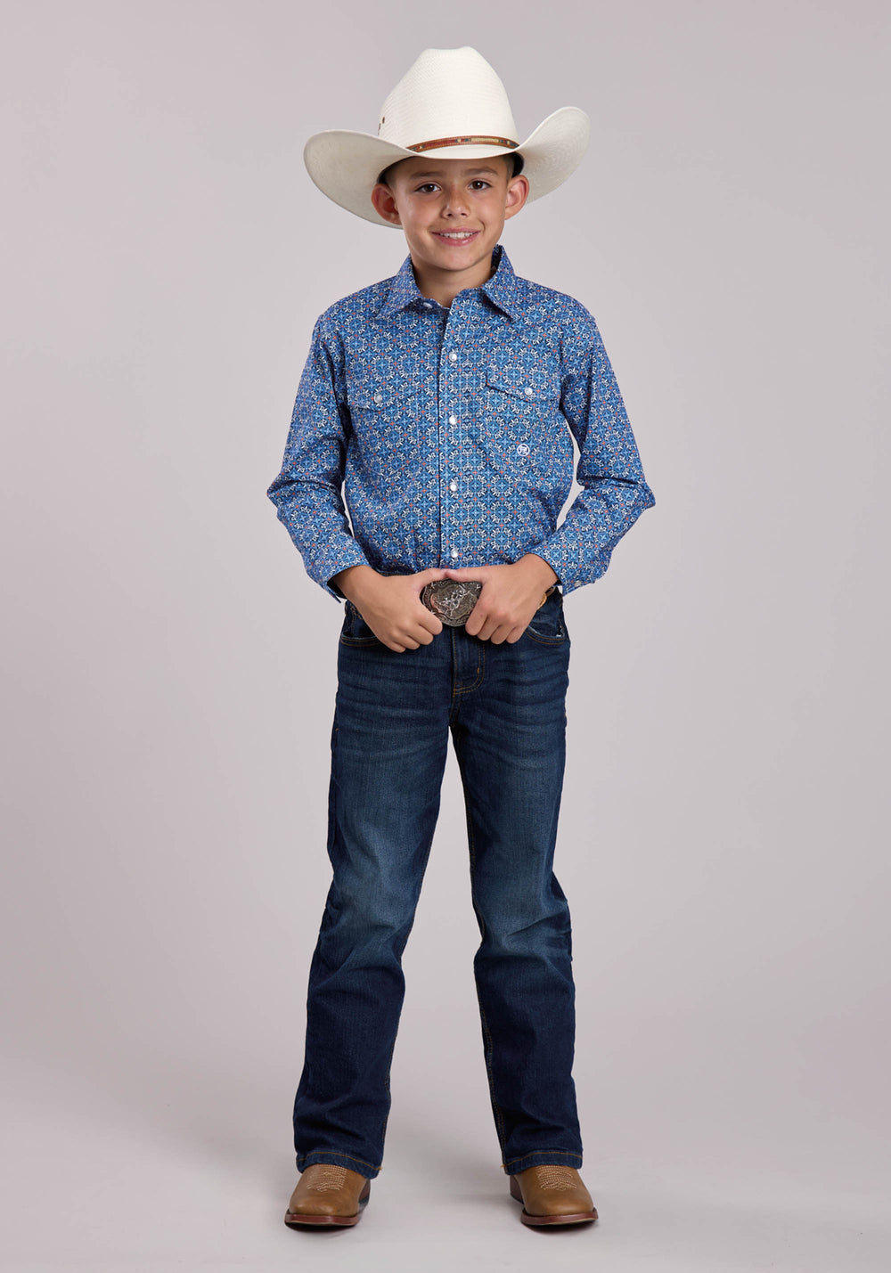 BOYS ROPER SKY TILE FOULARD LONG SLEEVE SNAP SHIRT