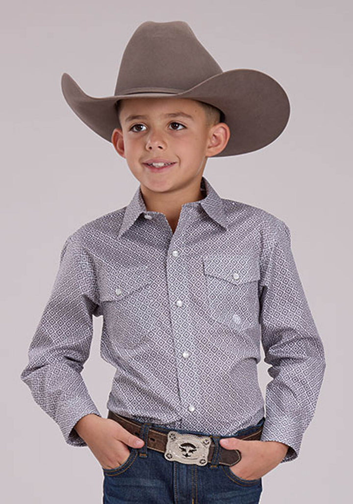 BOYS STRETCH FOULARD PRINT - GRAY LONG SLEEVE SNAP WESTERN SHIRT