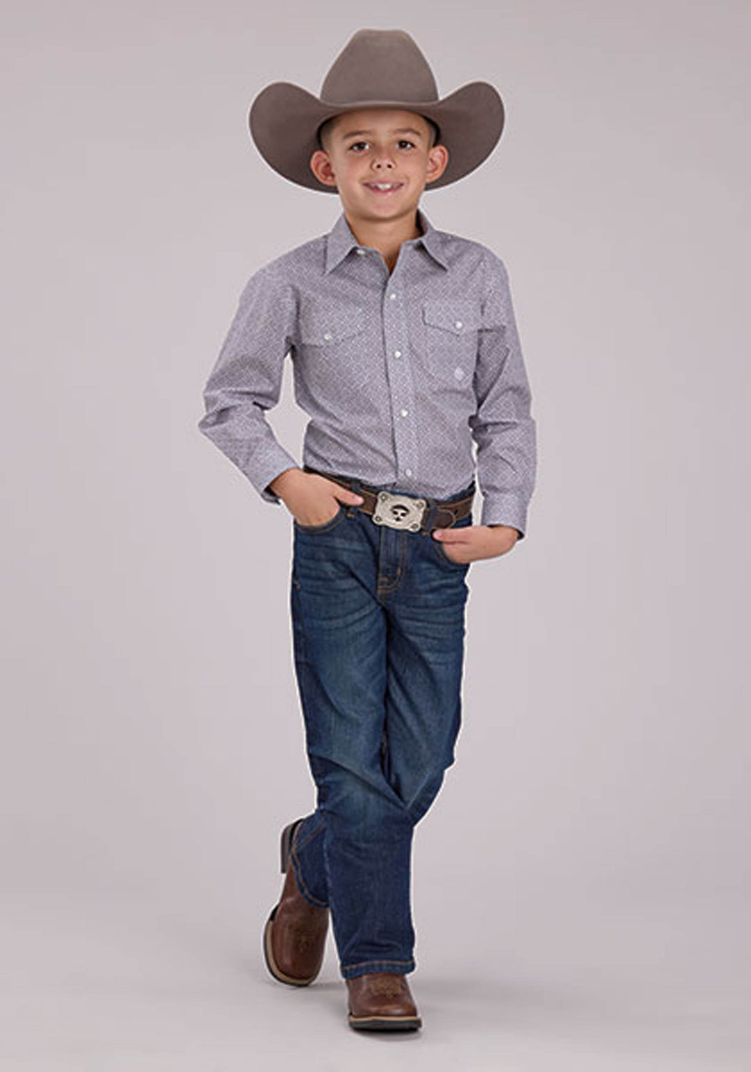 BOYS STRETCH FOULARD PRINT - GRAY LONG SLEEVE SNAP WESTERN SHIRT