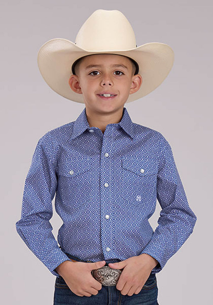 BOYS STRETCH FOULARD PRINT - BLUE LONG SLEEVE SNAP WESTERN SHIRT