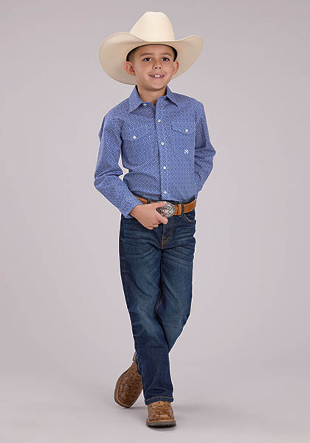 BOYS STRETCH FOULARD PRINT - BLUE LONG SLEEVE SNAP WESTERN SHIRT