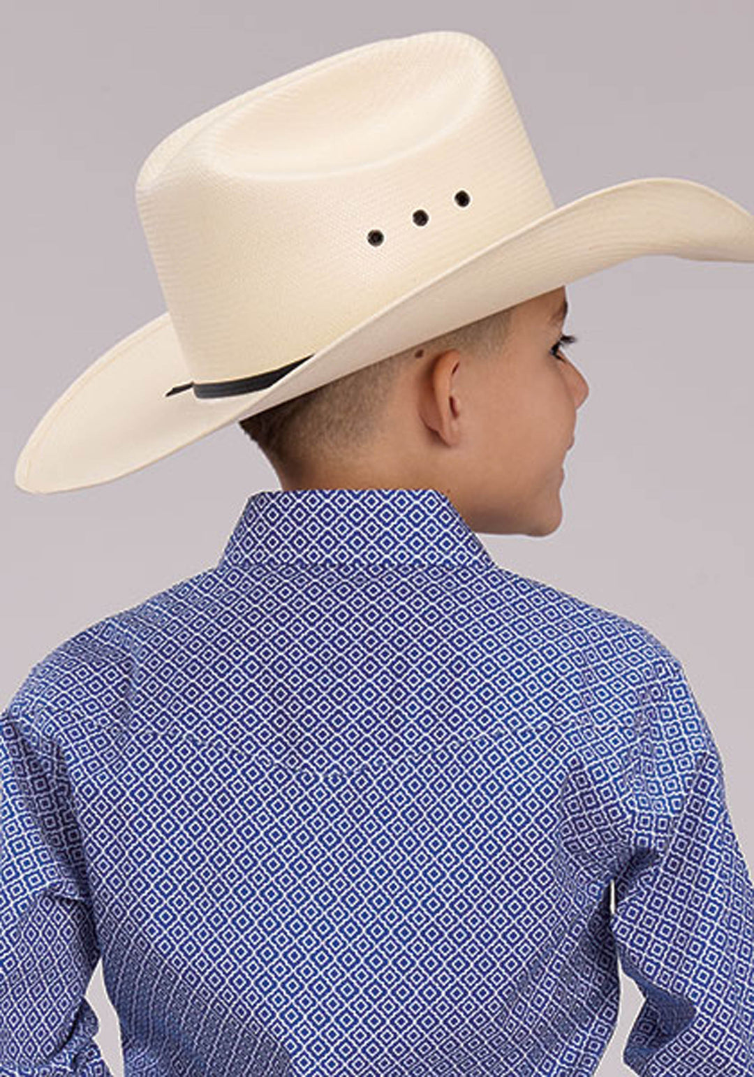 BOYS STRETCH FOULARD PRINT - BLUE LONG SLEEVE SNAP WESTERN SHIRT