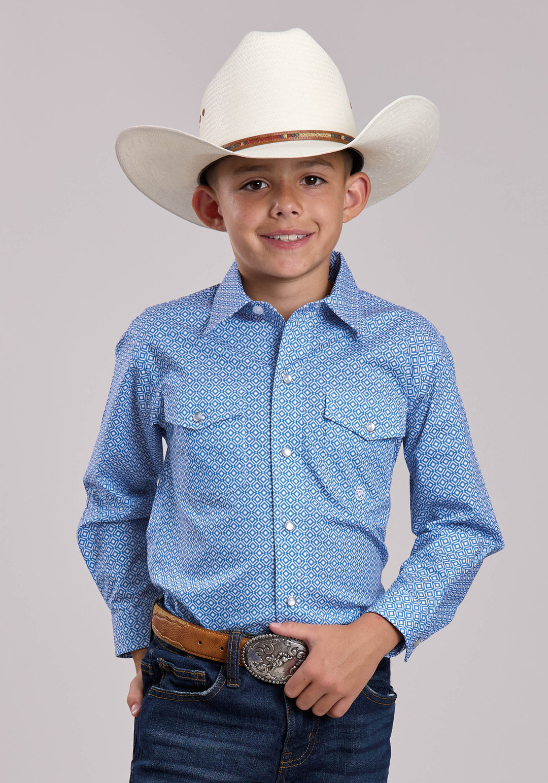 BOYS ROPER STRETCH GEO PRINT BLUE LONG SLEEVE SNAP SHIRT