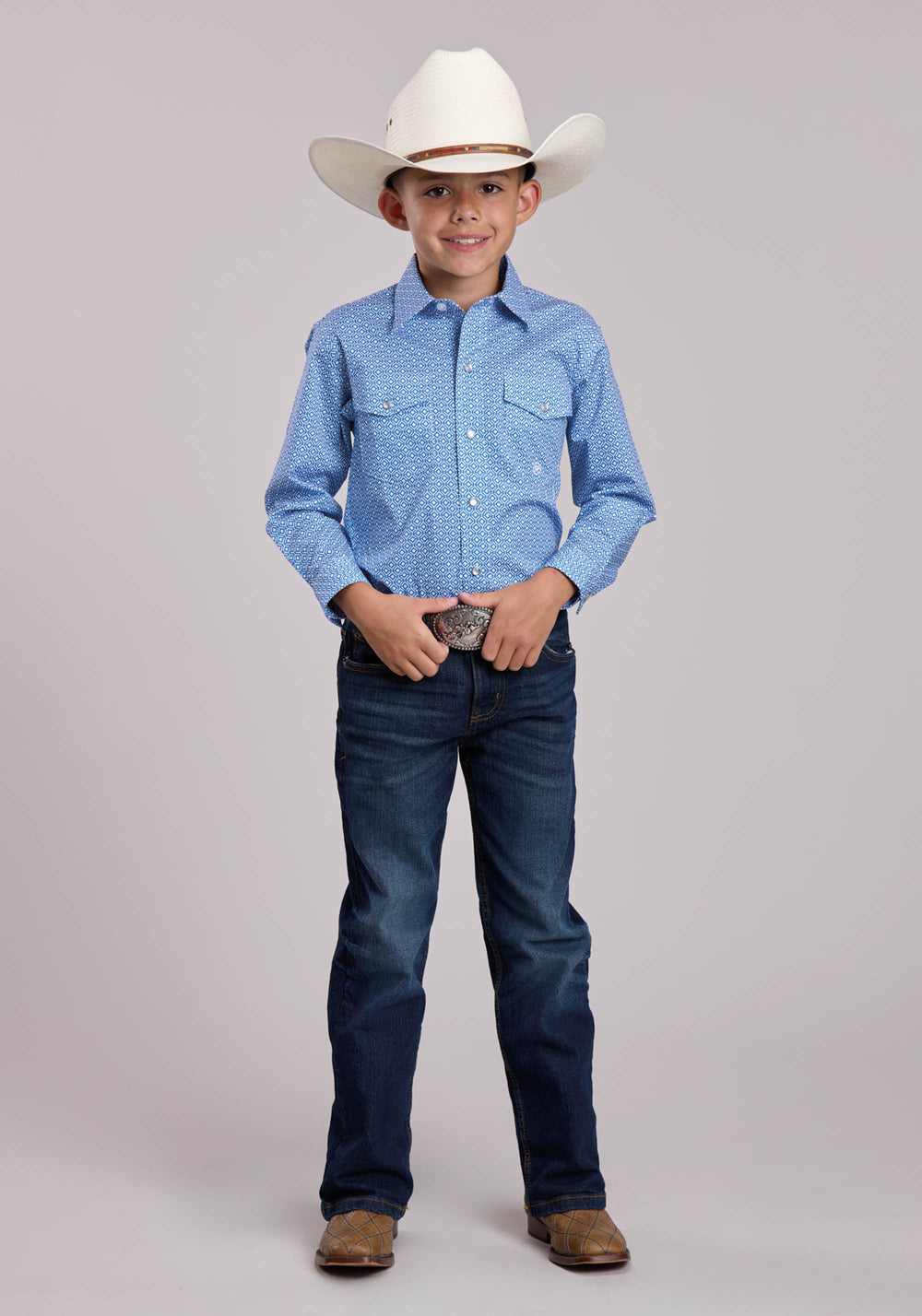 BOYS ROPER STRETCH GEO PRINT BLUE LONG SLEEVE SNAP SHIRT
