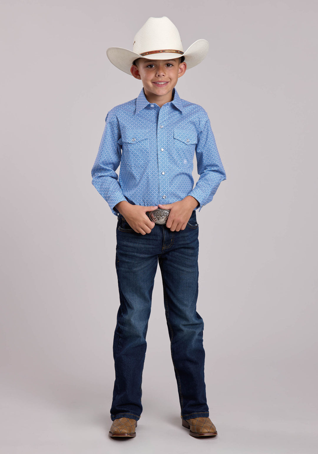 BOYS ROPER STRETCH GEO PRINT BLUE LONG SLEEVE SNAP SHIRT