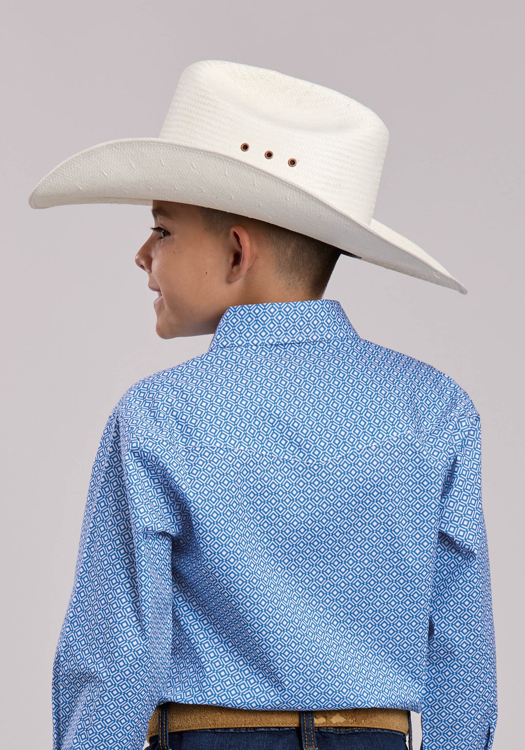 BOYS ROPER STRETCH GEO PRINT BLUE LONG SLEEVE SNAP SHIRT