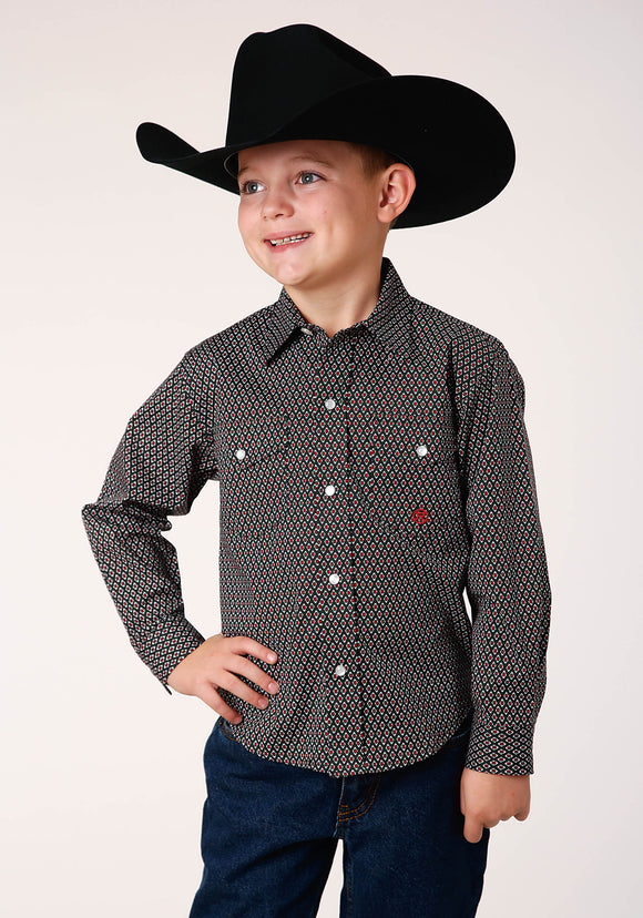 BOYS LONG SLEEVE SNAP DIAMOND NEAT  OLIVE WESTERN SHIRT