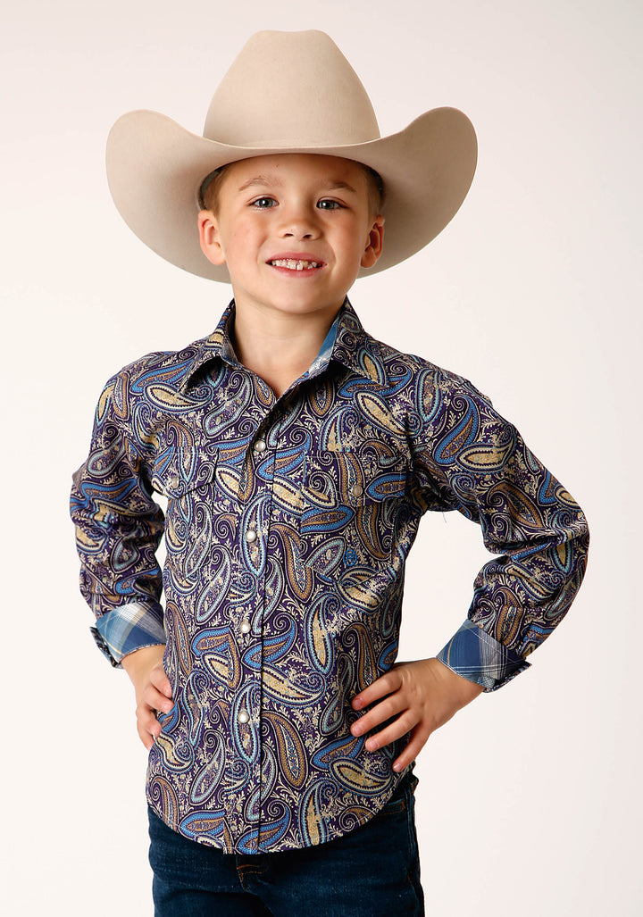 BOYS LONG SLEEVE SNAP ROYAL PAISLEY WESTERN SHIRT