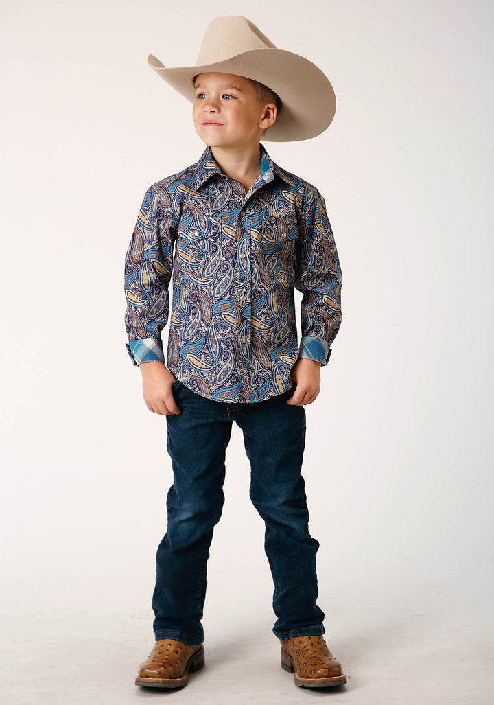 BOYS LONG SLEEVE SNAP ROYAL PAISLEY WESTERN SHIRT