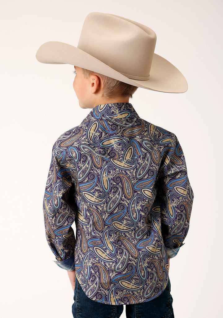 BOYS LONG SLEEVE SNAP ROYAL PAISLEY WESTERN SHIRT