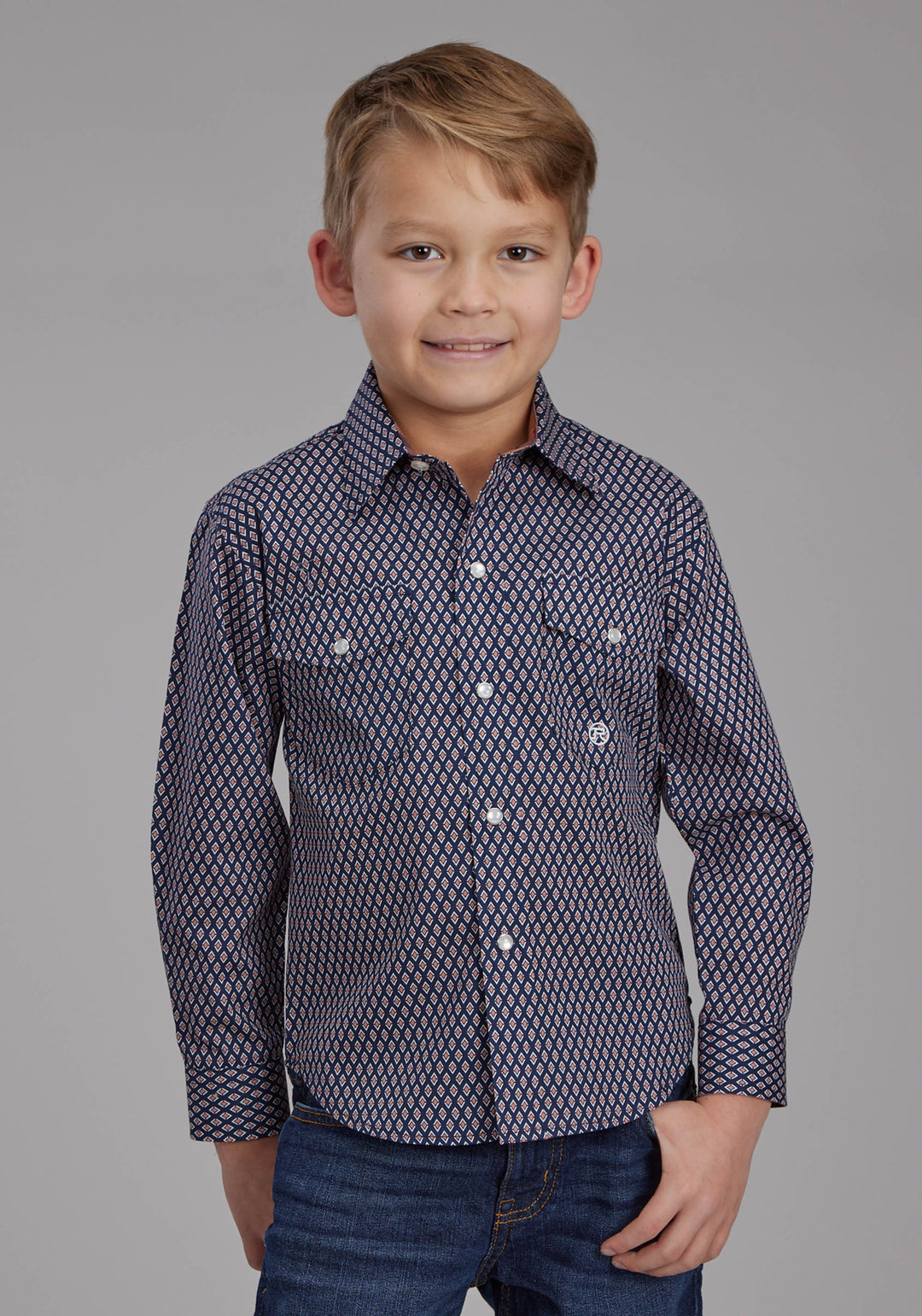 BOYS DIAMOND EYE GEO LONG SLEEVE SNAP WESTERN SHIRT