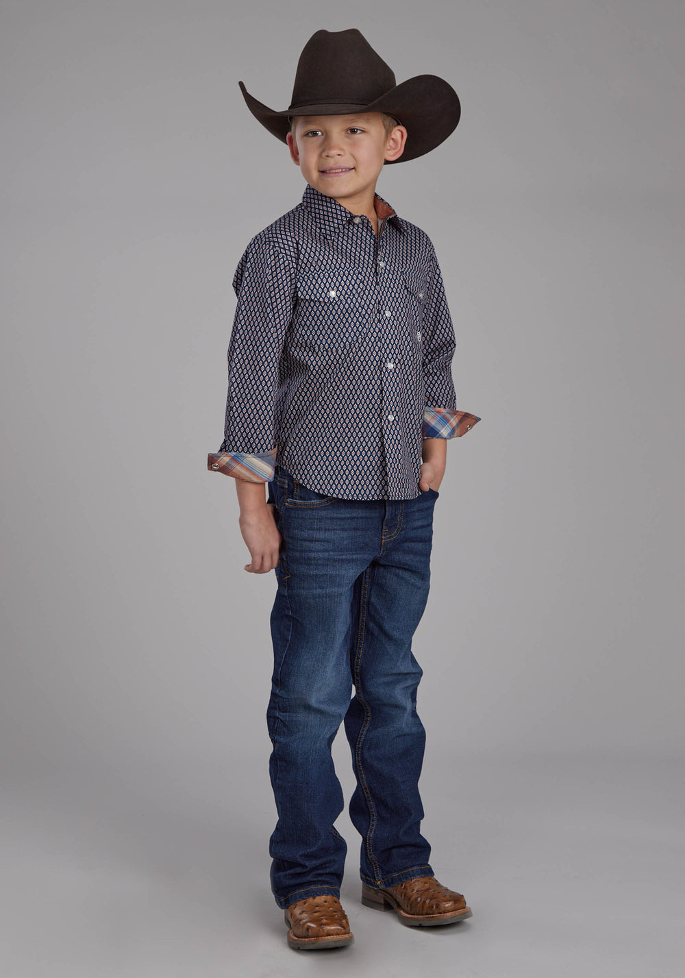 BOYS DIAMOND EYE GEO LONG SLEEVE SNAP WESTERN SHIRT