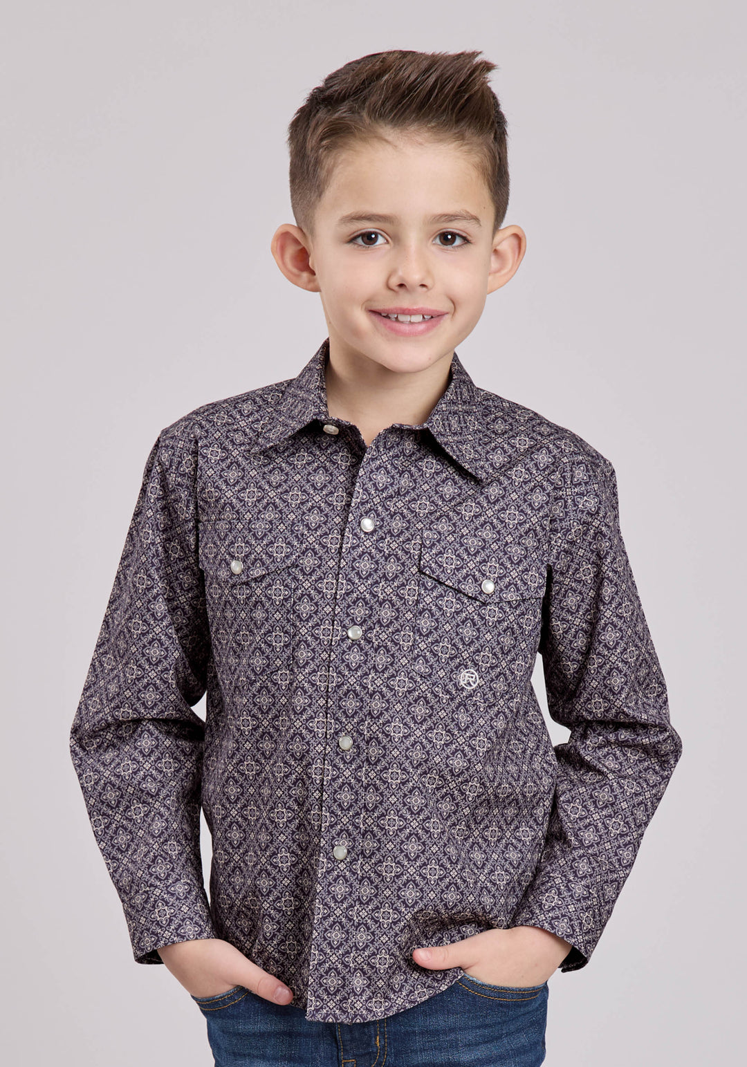BOYS LONG SLEEVE SNAP PLUM FOULARD WESTERN SHIRT