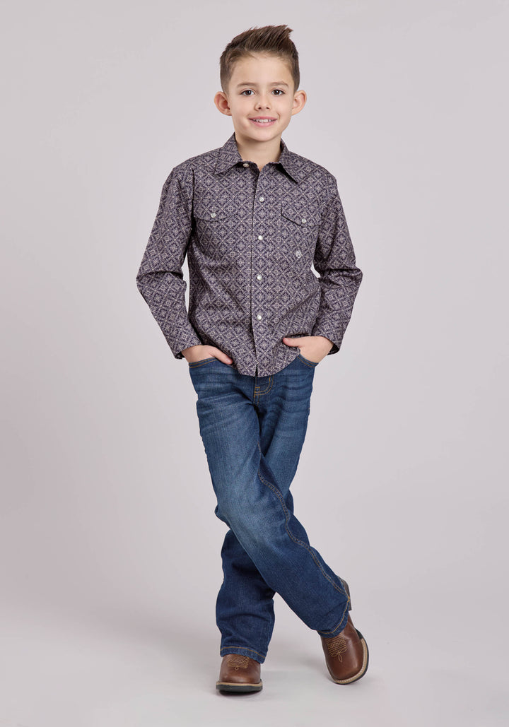 BOYS LONG SLEEVE SNAP PLUM FOULARD WESTERN SHIRT