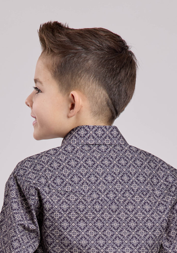 BOYS LONG SLEEVE SNAP PLUM FOULARD WESTERN SHIRT