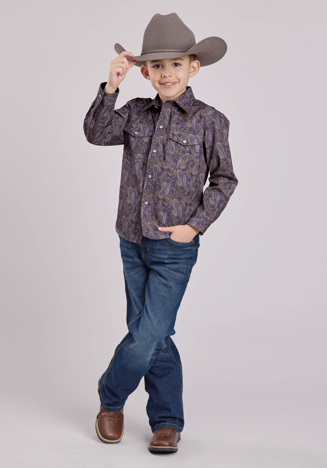 BOYS LONG SLEEVE SNAP PURPLE HAZE PAISLEY WESTERN SHIRT