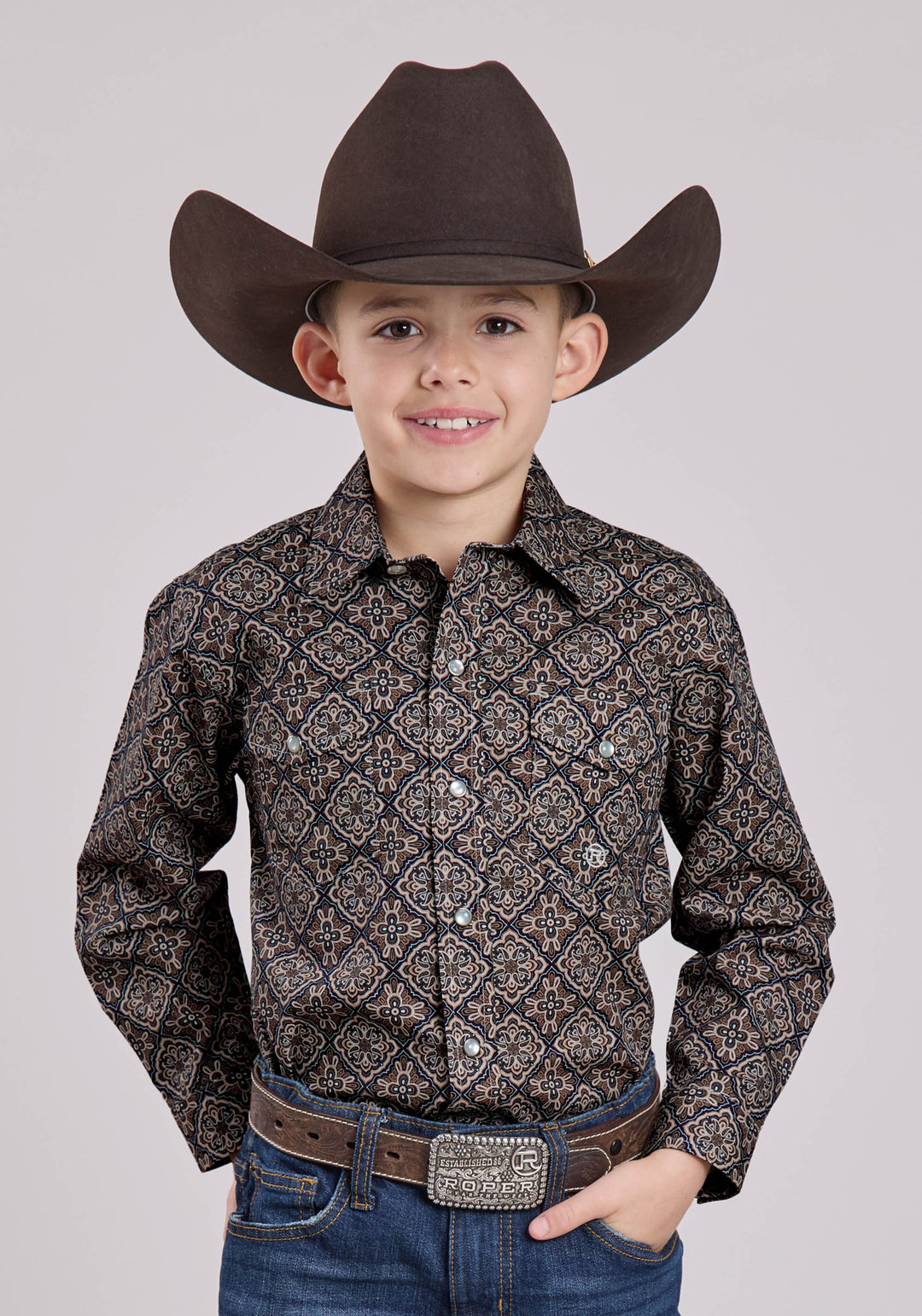 BOYS LONG SLEEVE SNAP BRONZE MEDALLION WESTERN SHIRT