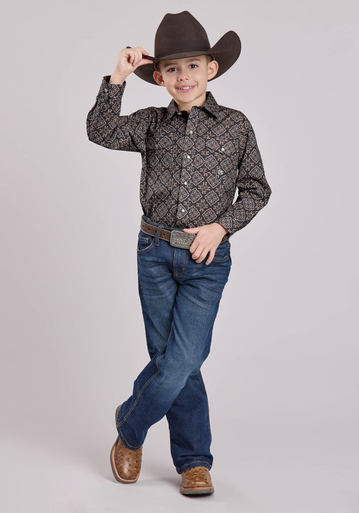 BOYS LONG SLEEVE SNAP BRONZE MEDALLION WESTERN SHIRT