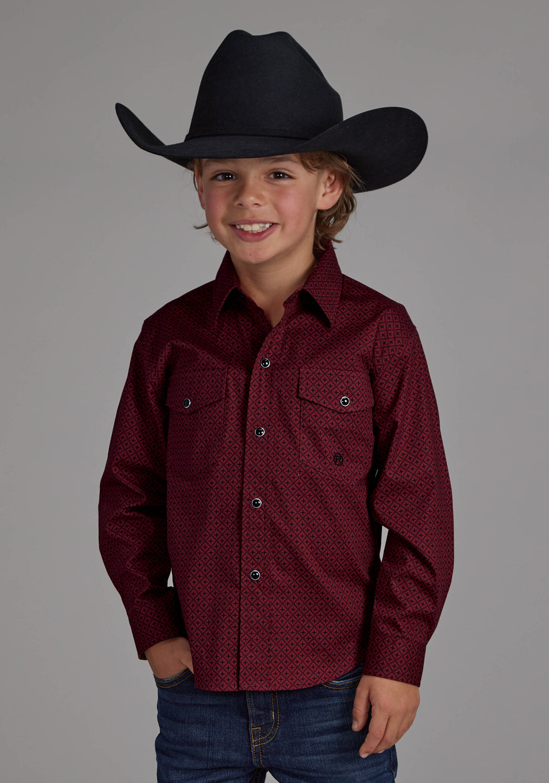 BOYS DIAMOND PRINT STRETCH POPLIN - RED LONG SLEEVE SNAP WESTERN SHIRT