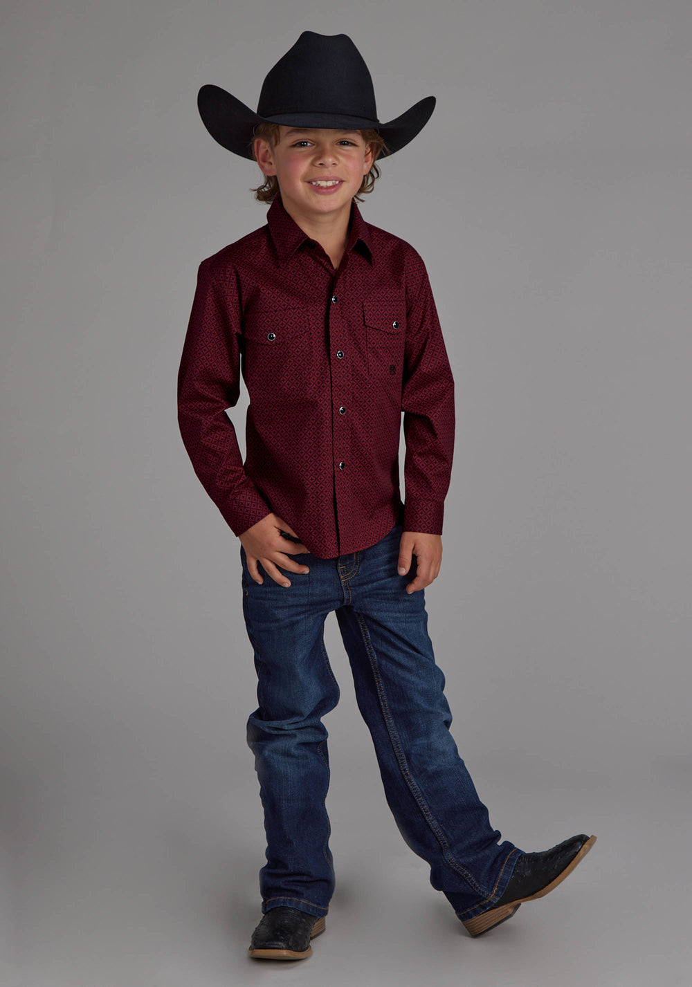 BOYS DIAMOND PRINT STRETCH POPLIN - RED LONG SLEEVE SNAP WESTERN SHIRT