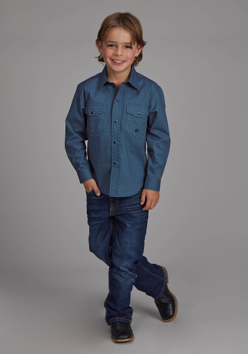 BOYS DIAMOND PRINT STRETCH POPLIN - BLUE LONG SLEEVE SNAP WESTERN SHIRT