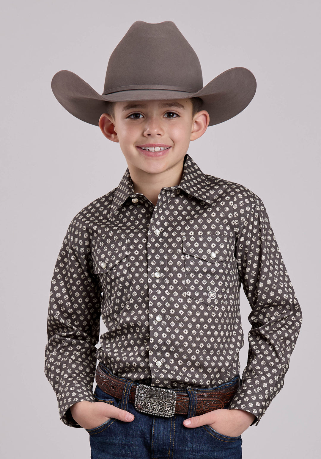 BOYS LONG SLEEVE SNAP GREY STRETCH FOULARD WESTERN SHIRT