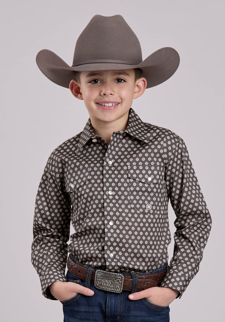 BOYS LONG SLEEVE SNAP GREY STRETCH FOULARD WESTERN SHIRT