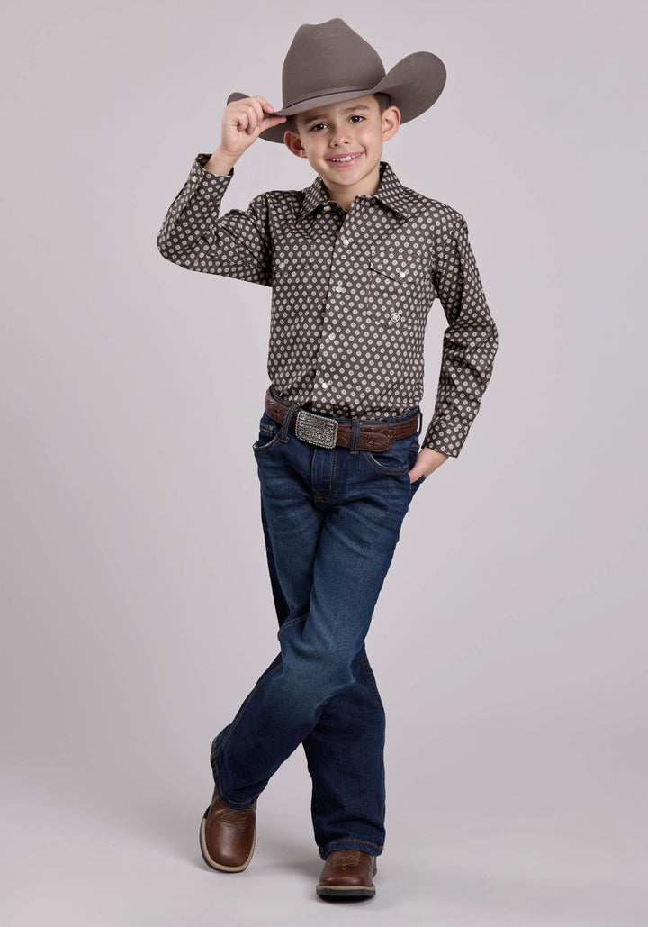 BOYS LONG SLEEVE SNAP GREY STRETCH FOULARD WESTERN SHIRT