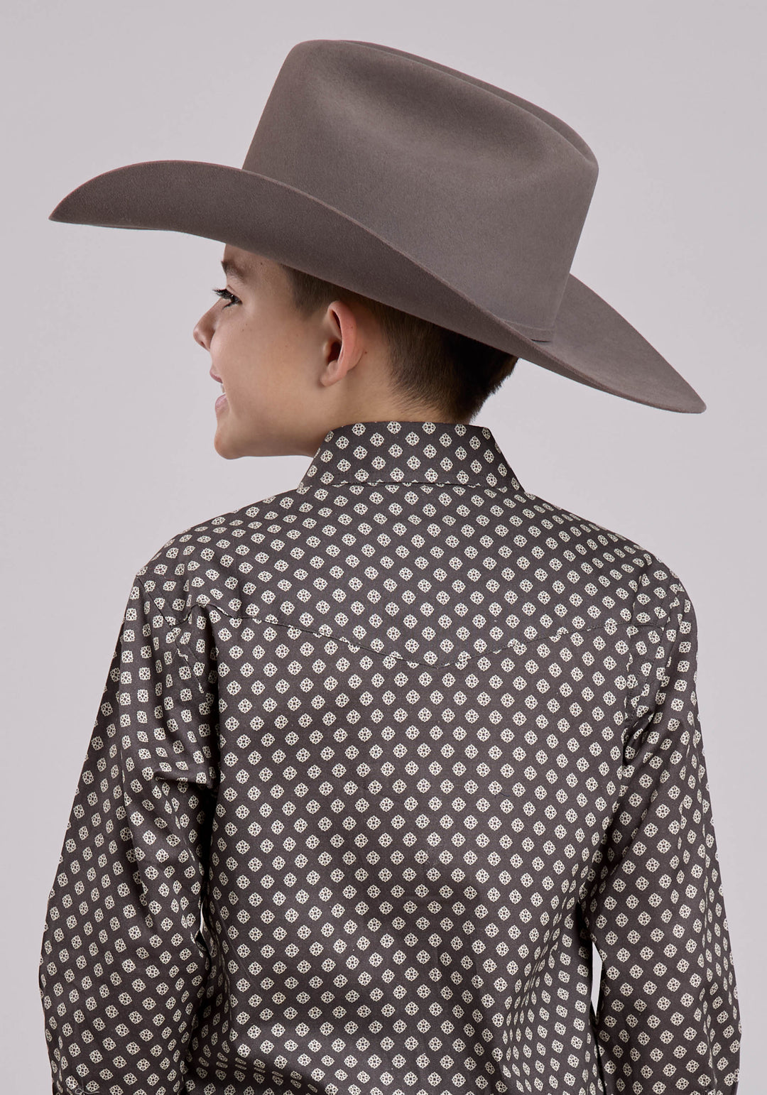 BOYS LONG SLEEVE SNAP GREY STRETCH FOULARD WESTERN SHIRT