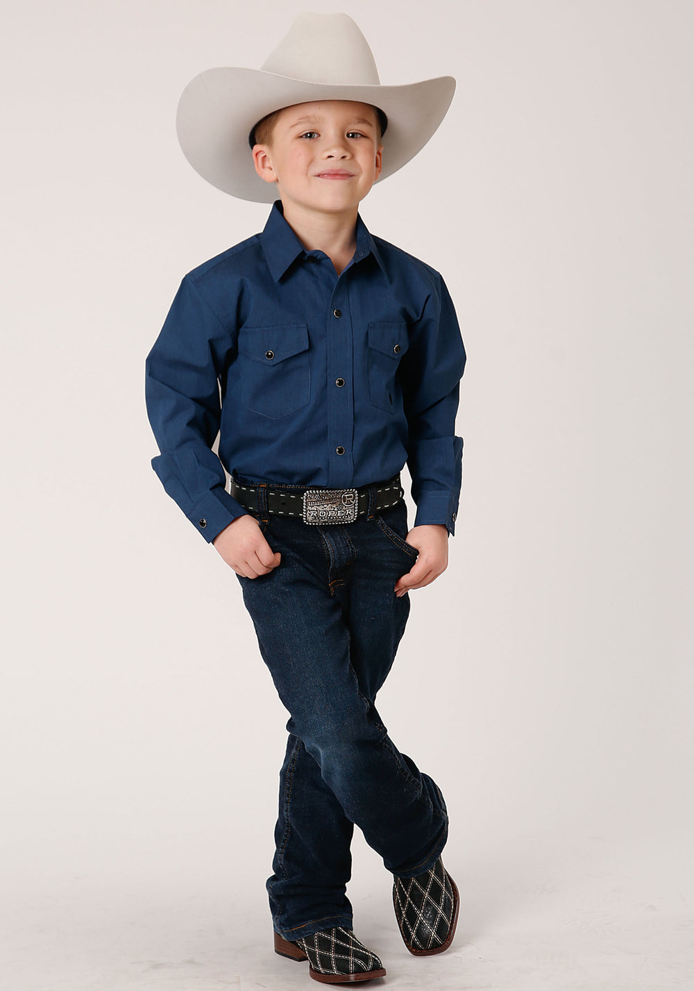 BOYS LONG SLEEVE SNAP BLACK FILL  SOLID BLUE WESTERN SHIRT