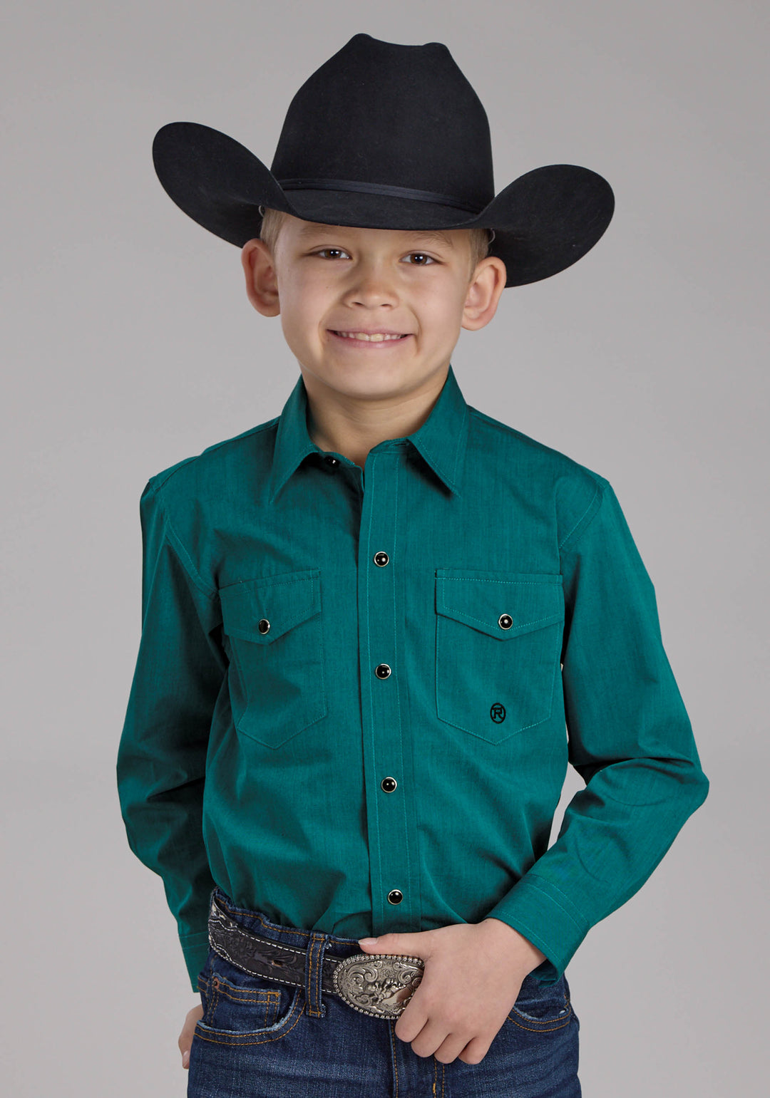 BOYS BLACK FILL SOLID POPLIN - TEAL LONG SLEEVE SNAP WESTERN SHIRT