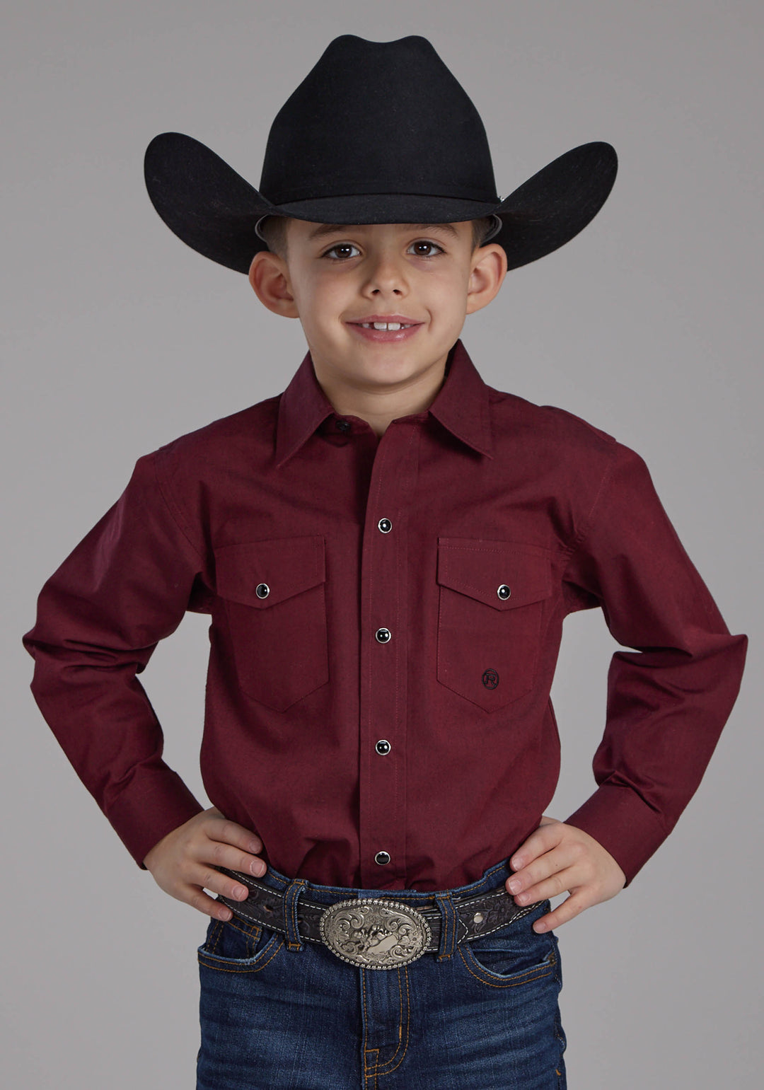BOYS BLACK FILL POPLIN - RED LONG SLEEVE SNAP WESTERN SHIRT