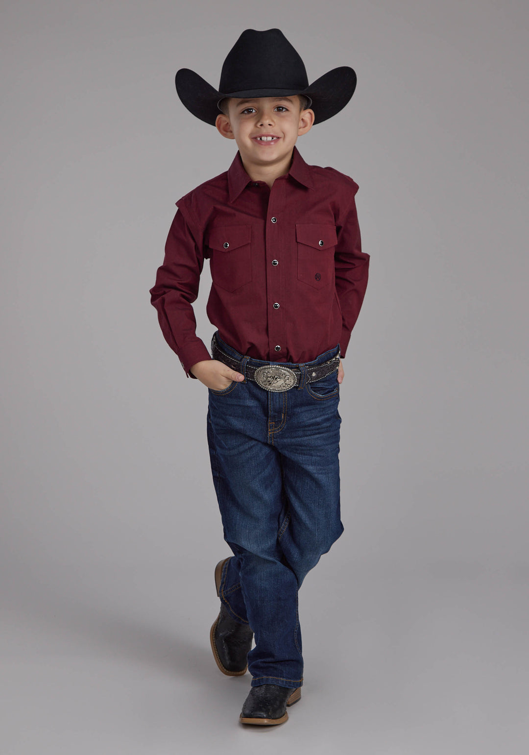 BOYS BLACK FILL POPLIN - RED LONG SLEEVE SNAP WESTERN SHIRT