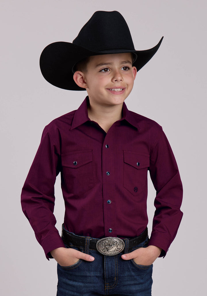 BOYS LONG SLEEVE SNAP BLACK FILL - WINE WESTERN SHIRT
