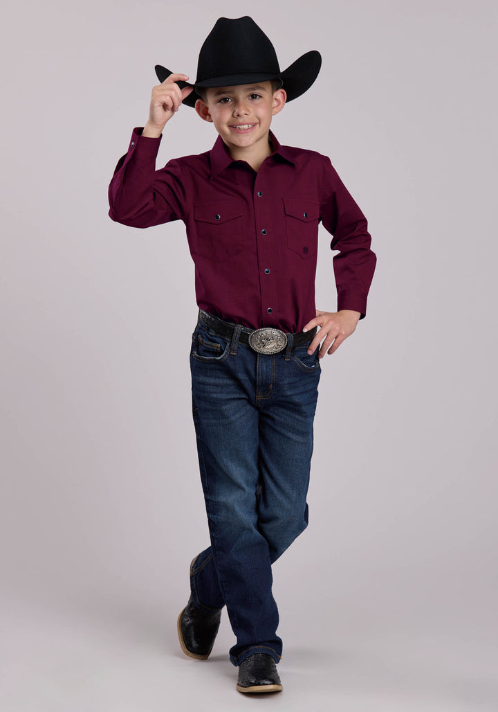 BOYS LONG SLEEVE SNAP BLACK FILL - WINE WESTERN SHIRT