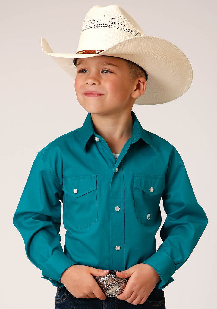 BOYS LONG SLEEVE SNAP SOLID POPLIN STRETCH  TURQUOISE WESTERN SHIRT