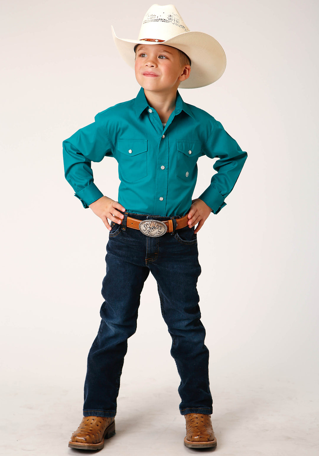 BOYS LONG SLEEVE SNAP SOLID POPLIN STRETCH  TURQUOISE WESTERN SHIRT