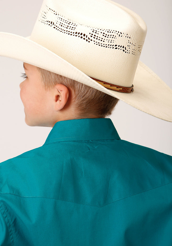 BOYS LONG SLEEVE SNAP SOLID POPLIN STRETCH  TURQUOISE WESTERN SHIRT