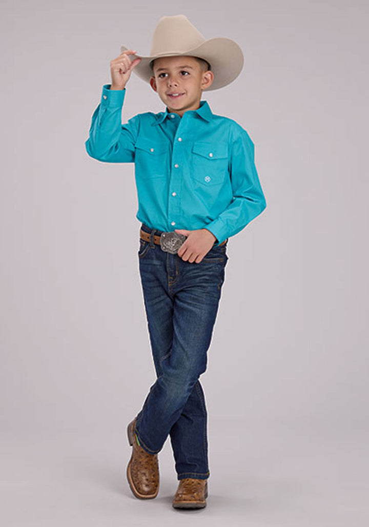 BOYS SOLID STRETCH POPLIN - TURQUOISE LONG SLEEVE SNAP WESTERN SHIRT